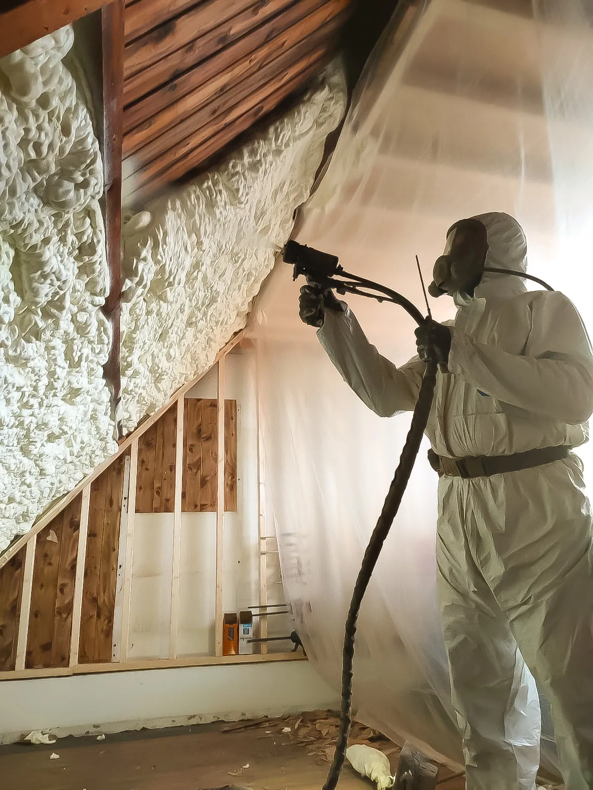 Aanbrengen van open-cel sprayfoam isolatie tegen een houten dakbeschot